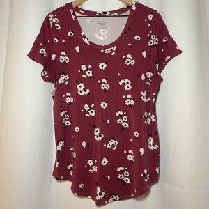 Market & Spruce Elaine Pocket Short Sleeve Tee Womens L Dark Pink Floral EUC